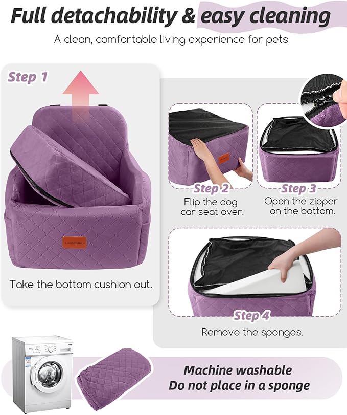 Dog Booster Car Seat for Small/Medium Dogs,Puppy Portable Car Bed with Elevated Cushion,Fully Detachable and Washable,2 Storage Pockets,Easy to Install (Purple, Medium)
