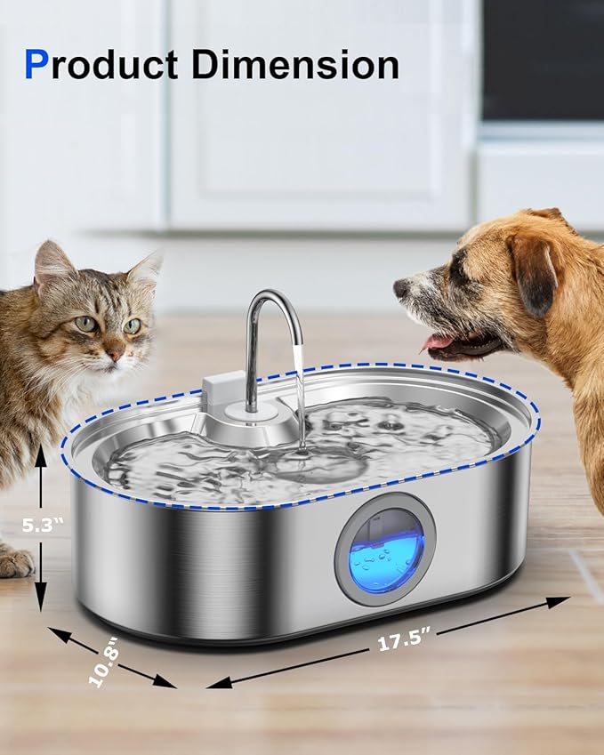 3.4Gal Dog Water Fountain for Large Dogs, 13L Stainless Steel Large Pet Fountain with Deeper & Wider Drinking Area, Automatic Dog Water Bowl Dispenser with Water Window & LED, Super Quiet