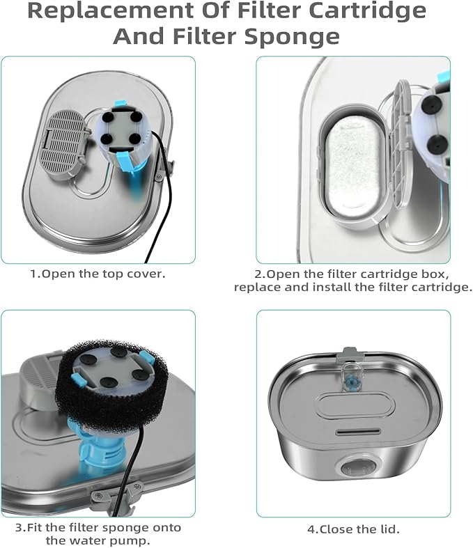 Cat Water Fountain Stainless Steel 3.2L/108oz Capacity, Automatic Pet Water Dispenser with Quiet Pump, and Dishwasher Safe Design for Cats, Dogs(Cat Fountain + 1 Filter + 1 Sponges)