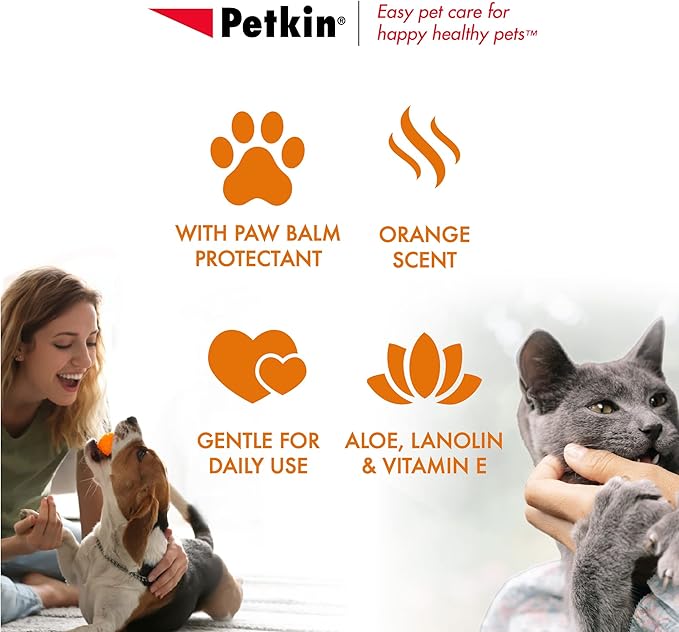 Petkin Big N' Thick Paw Wipes for Dogs, 100 Large Wipes - Clean Dirty Paws After Muddy Walks, with Paw Balm Protectant - Keep Floors and Furniture Clean - Ideal for Home or Travel - Orange Scent