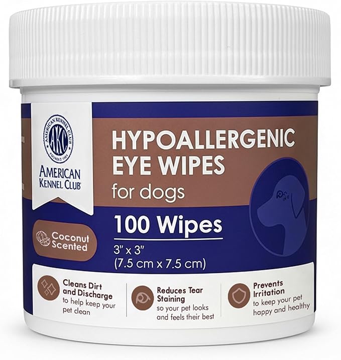 AKC Pet Eye Wipes for Dogs & Cats – Tear Stain Remover & Eye Discharge Cleaner – Hypoallergenic Grooming Wipes, 100 Count (Coconut Scent) AKC 3 * 3" PET Eye Wipes Coconut Scent 100 Count