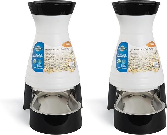 PetSafe Healthy Pet Food Station-Medium, 4 lb Kibble Capacity-Gravity Pet Feeder Dry Food Dispenser, Automatic Cat Feeder, Small to Medium-Removable Stainless Steel Bowl (Pack of 2)