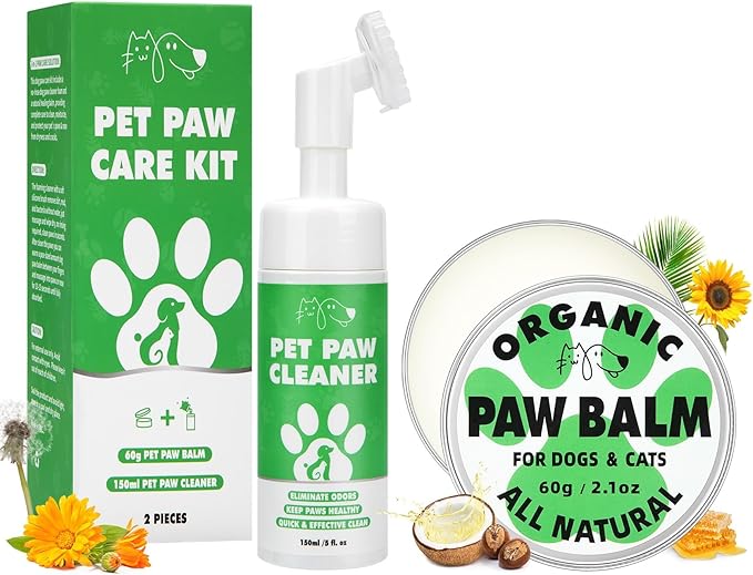 Dog Paw Care Kit, No-Rinse Foam Dog Paw Cleaner with Silicone Brush & Natural Lick-Safe Dog Paw Balm for Heal Dry Cracked Paws & Nose for Dogs & Cats