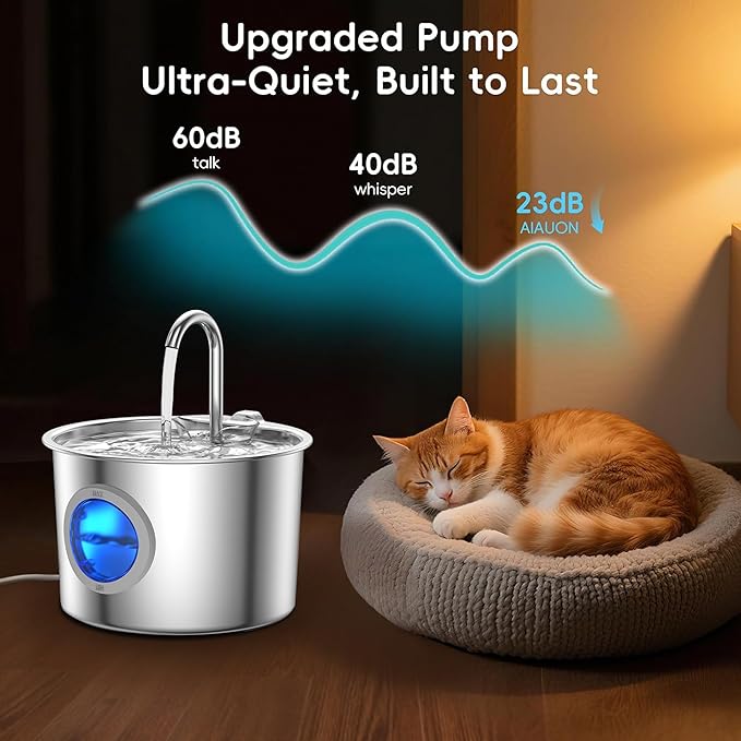 Cat Water Fountain Advanced 304 Stainless Steel 2.2L/74oz with Detachable Tank, Easy to Clean, Automatic Pet Fountain Quiet Cats Water Dispenser, Dogs (74oz Cat Fountain + 6 Filters)