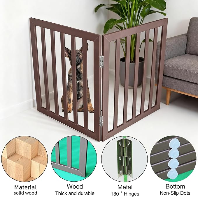 ZJSF Freestanding Indoor Dog Gate for House Foldable Wood Brown Puppy Gate for Doorways Pet Gate for Stairs Extra Wide Pet Fence 32" Height 2 Panels