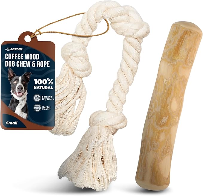 GOWGOW Coffee Wood Dog Chews 7.5" & Dog Rope Toys 100% Natural for Teething, Stress Relief, Dental Health, Organic Toys - Size S