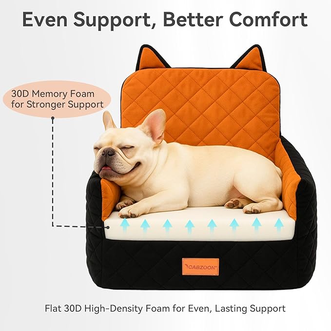 Dog Car Seat for Small/Medium Dogs Up to 35lbs,Elevated Cushion Fits in Front/Back Seat,Travel Safety Per Car Bed with Washable Removable Cover, Storage 2 Pockets Black-Orange