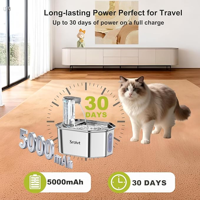 Cat Water Fountain Stainless Steel - cat Fountain - Water Fountains for Cats - pet Water Fountain - Dog Water Fountain - Stainless Steel cat Water Fountain Cordless - 88oz/2.6L,4Filters