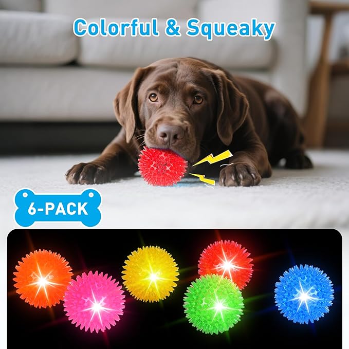 6-Pack 3.5” LED Light-Up Squeaky Dog Toy Balls ，Durable Interactive Glow Fetch Toys for Aggressive Chewers，BPA Free Non-Toxic, Spiky Puppy Chew Balls