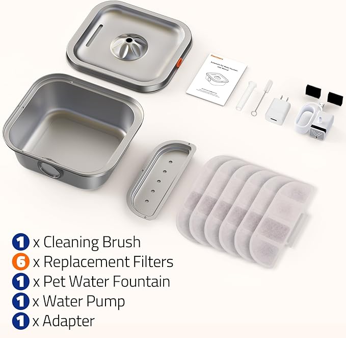 Cat Water Fountain Stainless Steel, 4L/135oz Cat Fountain, Automatic Dog Drinking Dispenser with Water Level Window, 6 Filters, Metal Pet Water Bowl Indoor, Quiet Pump, Easy Cleaning