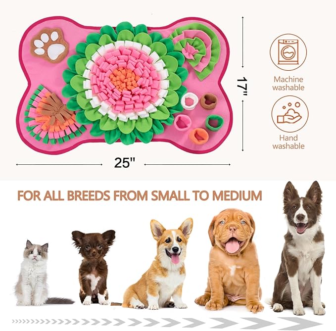 Snuffle Mat for Dogs, Pet Snuffle Mat for Small and Medium Dogs, Interactive Sniff Mat Feeding Mat for Puppies, Slow Feeder Dog Treat Mat for Training and Stress Relief (Bone Shape) (Pink, One Size)