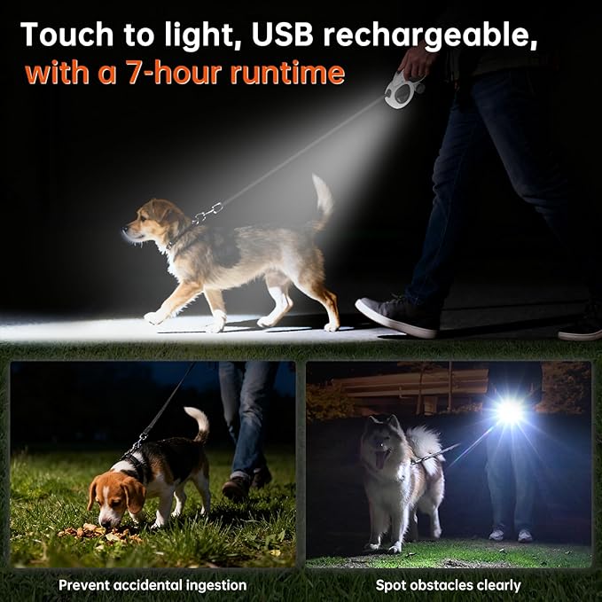 16Ft Retractable Dog Leash with LED Light, Heavy Duty Dog Leash for Small, Medium & Large Dogs Up to 66lbs, 360° Tangle-Free, Dispenser and Poop Bags