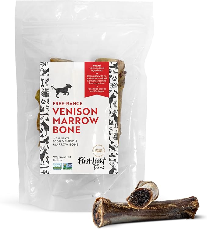 First Light Farms Venison Marrow Bones for Dogs | Long Lasting Chews | 3 Pack Natural Dog Chews for Teeth, Joint Health, and Mental Stimulation | Rawhide Free | Safe & Healthy Treats | 5.2 Inch