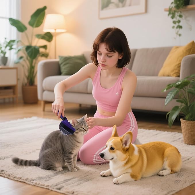 Self Cleaning Slicker Brush - Pet Hair Removal Tool for Long Short Hair grooming: Soft Rubber Tips Gentle on Sensitive Skin Cat Dog brush Specifically for Indoor pet hair removal glove (purple)