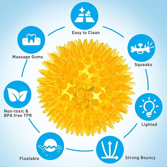 6-Pack 3.5” LED Light-Up Squeaky Dog Toy Balls ，Durable Interactive Glow Fetch Toys for Aggressive Chewers，BPA Free Non-Toxic, Spiky Puppy Chew Balls