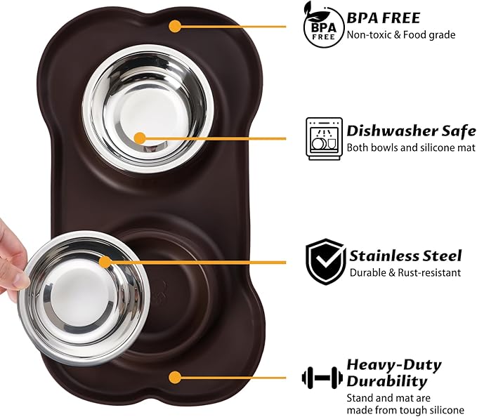 Hubulk Pet Dog Bowls 2 Stainless Steel Dog Bowl with No Spill Non-Skid Silicone Mat + Pet Food Scoop Water and Food Feeder Bowls for Feeding Small Medium Large Dogs Cats Puppies (Small, Chocolate)