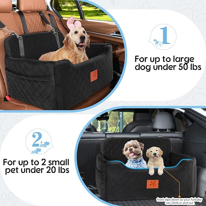 Dog Car Seat for Medium/Large Dogs,Pet Booster Car Seats for Under 50lbs or 2 Small Dogs, Detachable and Washable Pet Bed,Multi-Functional Travel Dog Bed(Black)