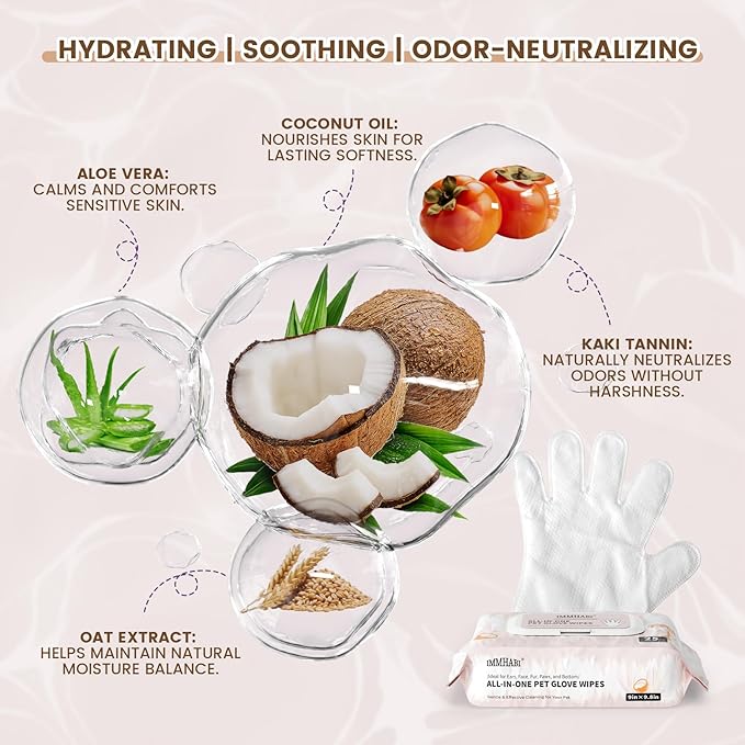 Dog Wipes for Paws and Butt Plant Based Hypoallergenic Pets Cleansing & Deodorizing Anal Gland Hygienic Puppy Wipes for Dogs Face and Body Cat Wipes Cleaning (Coconut Oil, 50 Glove Wipes)