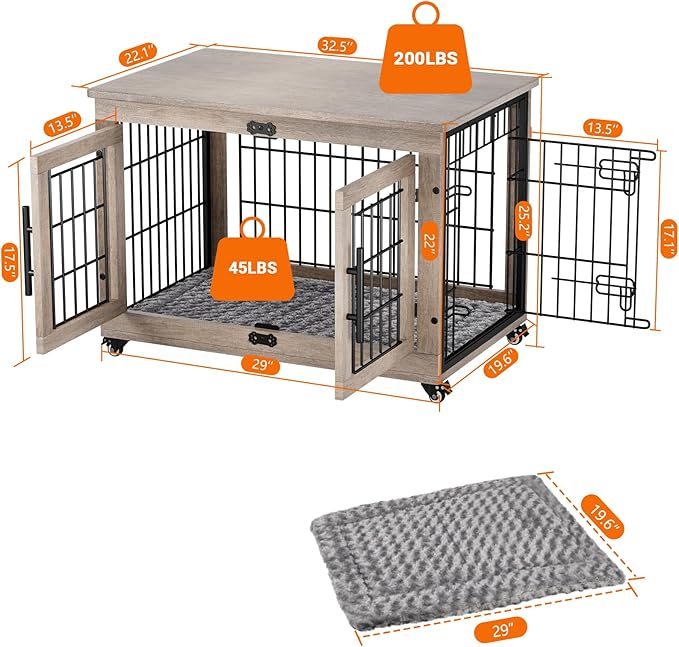 YaFiti Dog Crate Furniture with Cushion, Wooden Dog Kennel with Double Doors, Heavy Duty Dog Cage End Table with Wheels, Dog House Indoor for Small Medium Dogs up to 45 lb, 32.5” L, Grey