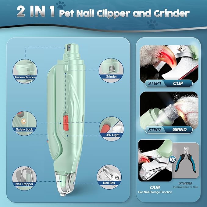 2-in-1 Dog & Cat Nail Clippers and Grinder with Light – Upgraded Safety Guard to Avoid Overcutting, Sharp Blade, Painless Quiet Pet Nail Claw Trimmers, Professional Grooming Tool for Large Small Pets