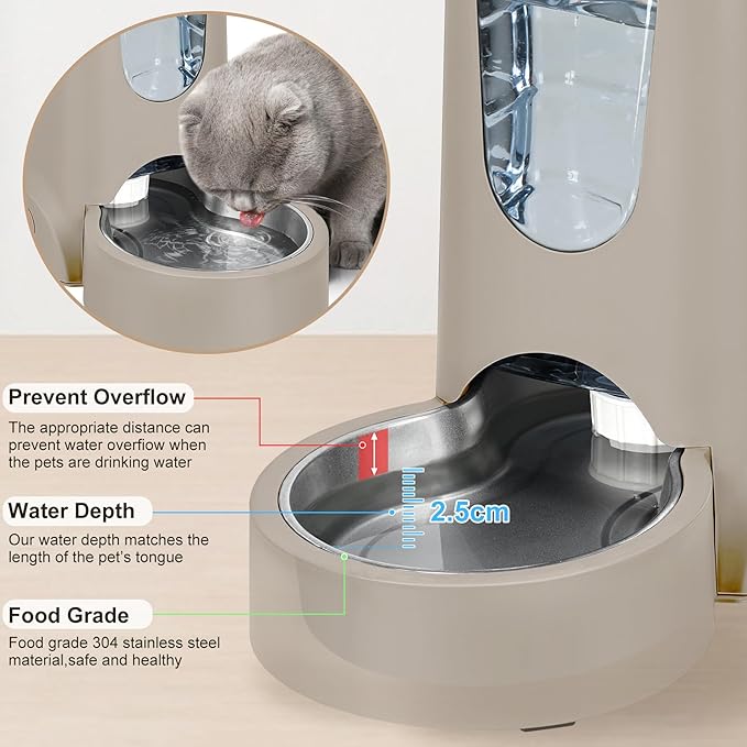 2 Pack Automatic Cat Feeder and Stainless Steel Water Dispenser, Gravity Dog Waterer Set Food Feeder and Waterer Set for Small Medium Kitten Puppy Pets(1 Gallon x 2, Brown)