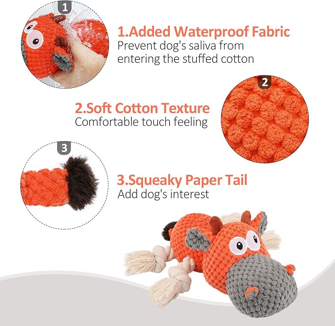 IOKHEIRA Dog Plush Toy for Large Aggressive Chewers,Indestructible Dog Squeaky Toys,Stuffed Animals Toys with Cotton Material and Crinkle Paper,Durable Chewing Toys (Carrot Orange, Cattle)