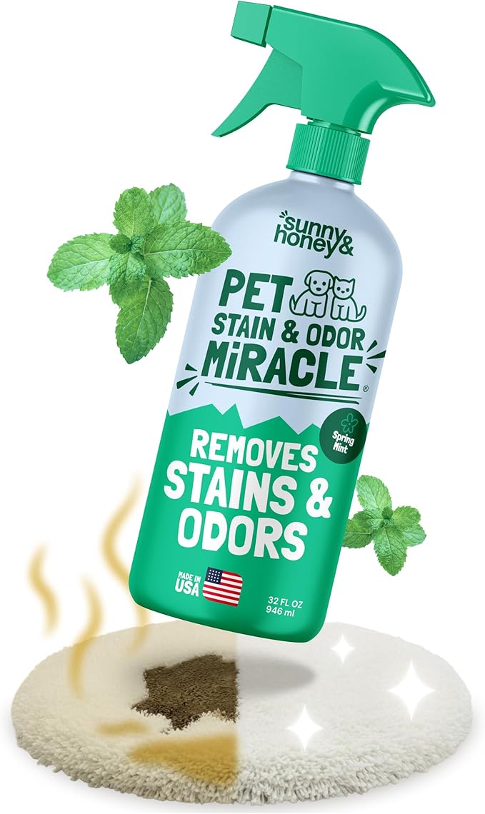 Sunny & Honey Pet Stain & Odor Miracle - Fast Acting Carpet Cleaner - Enzyme Spray for Carpets, Mattresses & Upholstery - Rug Shampoo - Dog Pee Cleaner & Surface Odor Remover (32 fl oz, Spring Mint)