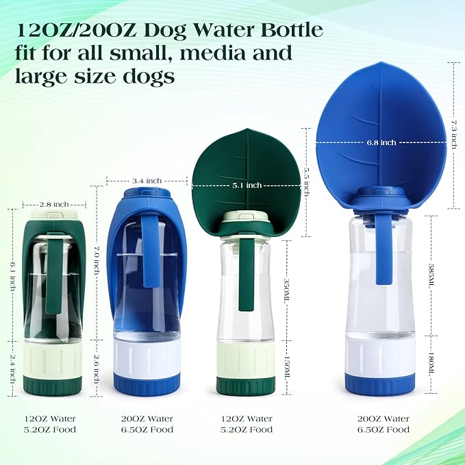 TIOVERY Upgraded Dog Water Bottle, Portable Dog Cat Puppy Pet Water Dispenser Feeder with Drinking Cup and Food Container Leak Proof for Outdoor Walking, Travel, Hiking 12OZ