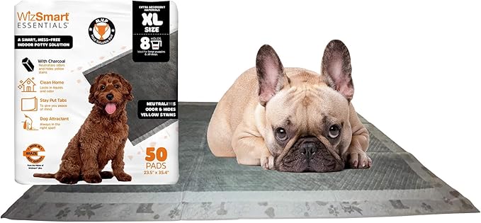 WizSmart Essentials Charcoal XL Training Pads 50 Count – XL Absorbent Puppy & Dog Potty Pads with Odor Control, Leak Resistant Floor Protection, Stay Put Tabs for Crate, Kennel, Indoor Use