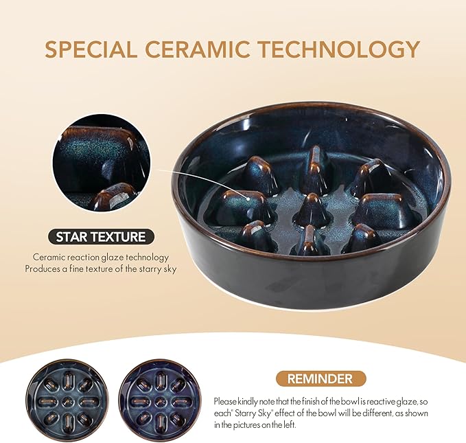 Ceramic 1.2 Cup Dog Raised Slow Feeder Set, Elevated Bowl with Wooden Stand for Medium and Small Dog, 7.3inch Slow Feeder Dish for Fast Easters (Starry Sky, Single Bowl+ Stand)