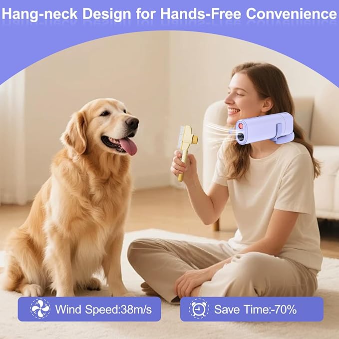 Pet Hair Dryer, Neck-Hanging Dog Dryer for Pet Grooming with 3 Speeds 4 Temp, Dog Blow Dryer for Small to Medium Pets with Stand, for Pet Salon Grooming, Powerful Airflow for Rapid Drying(Purple)