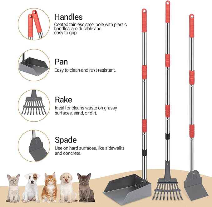 Heeyoo Dog Pooper Scooper, Dog Poop Tray and Rake Set, Pet Waste Removal Scoop with Long Adjustable Sectional Stainless Handles
