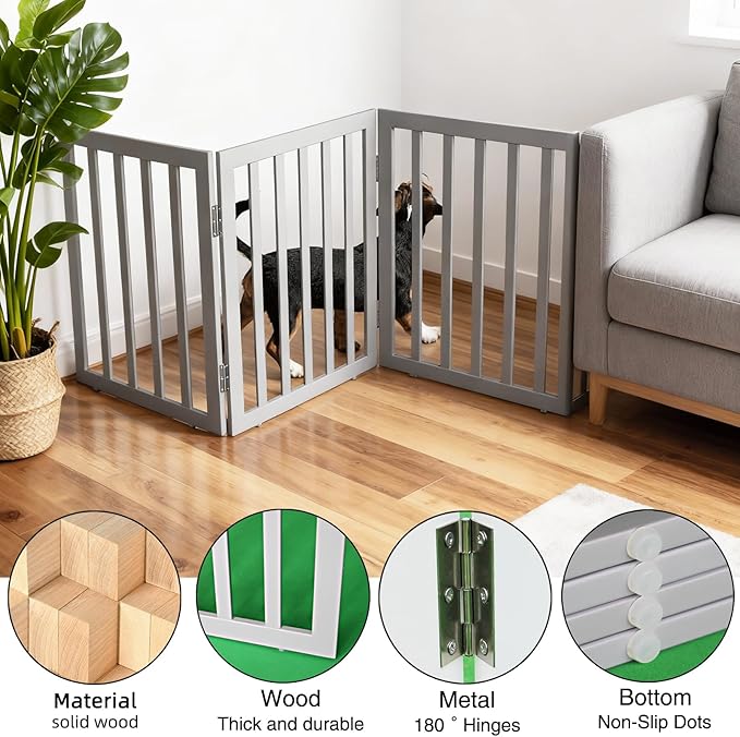 ZJSF Freestanding Indoor Dog Gate for House Foldable Wood Grey Puppy Gate for Doorways Pet Gate for Stairs Extra Wide Pet Fence 32" Height 4 Panels