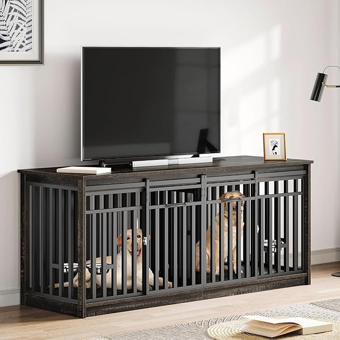 YITAHOME 71 Inch Double Dog Crate Furniture for 2 Dogs, Heavy Duty Wooden Crate TV Stand with 4 Bowls, Dog Kennel Indoor Furniture Sliding Barn Door Design for Extra Large Dogs, Black Oak