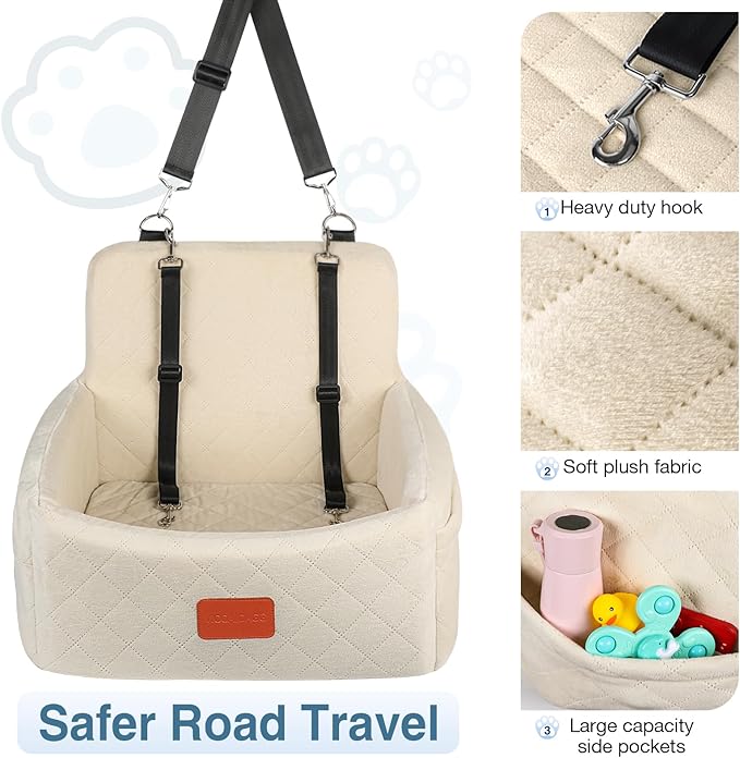 Dog Car Seat for Under 30lbs Dogs,Comfy Febric Fill in Memory Foam,Washable and Detachable Pet Travel Car Bed,Anti-Slip Bottom,2 Safety Leashes & Storage Pockets(Beige)