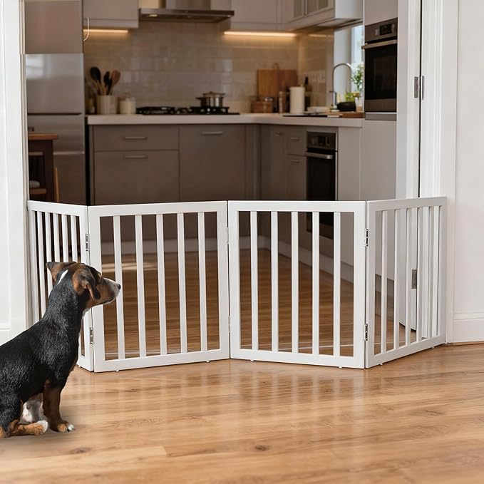 ZJSF Freestanding Indoor Dog Gate for House Foldable Wood Grey Puppy Gate for Doorways Pet Gate for Stairs Extra Wide Pet Fence 24" Height 4 Panels