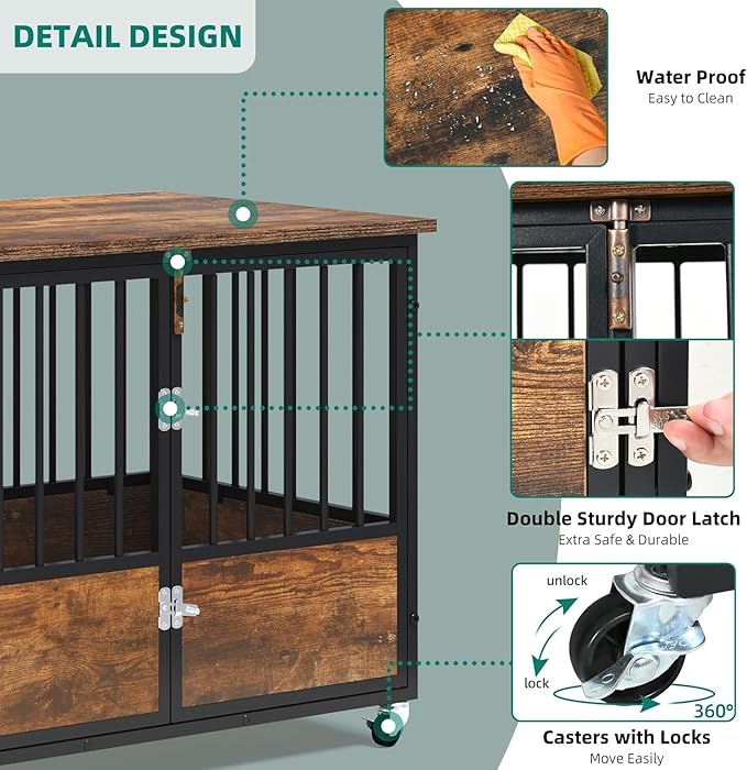 YITAHOME Rustic Heavy Duty Dog Crate Furniture with Wheels, Double-Doors Metal Dog Kennel Indoor for Small Medium Dogs, Decorative Dog House Side End Table, Chew-Resistant Wooden Dog Cage