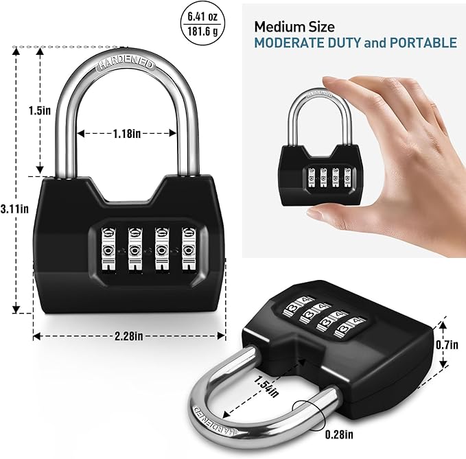 1 Pack disecu 4-Digit Combination Lock, Waterproof Outdoor Padlock for School Gym Locker, Fence, Gate, Shed, Storage Unit (Black)