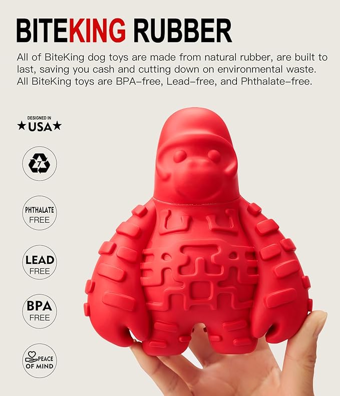 Natural Rubber Dog Chew Toy for Moderate Chewers or Older - Lifetime Replacement - Fetch Toy for Large Breed - Durable Gorilla Dog Toy, Red