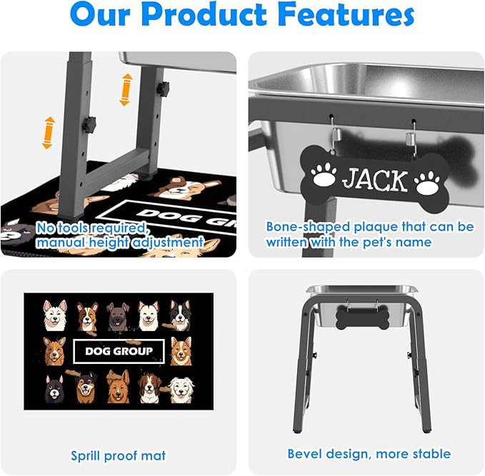 1.2 Gallon Elevated Dog Water Bowl, Height Adjustable (11–17'') Raised Stainless Steel Bowl with Spill-Proof Mat & Sturdy Metal Stand, Tip-Proof, Easy to Clean, Indoor & Outdoor Use