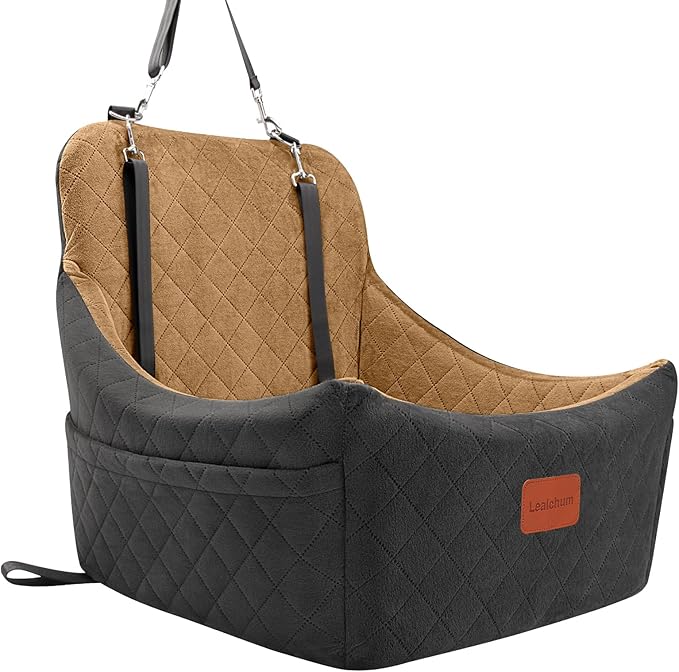 Dog Booster Car Seat for Medium Dogs Up to 40lbs Pets,Easy to Install,Fully Detachable and Washable,Anti-Slip Base,Snug Puppy Car Seat with 2 Clip-On Leashes(Black/Coffee,Medium)