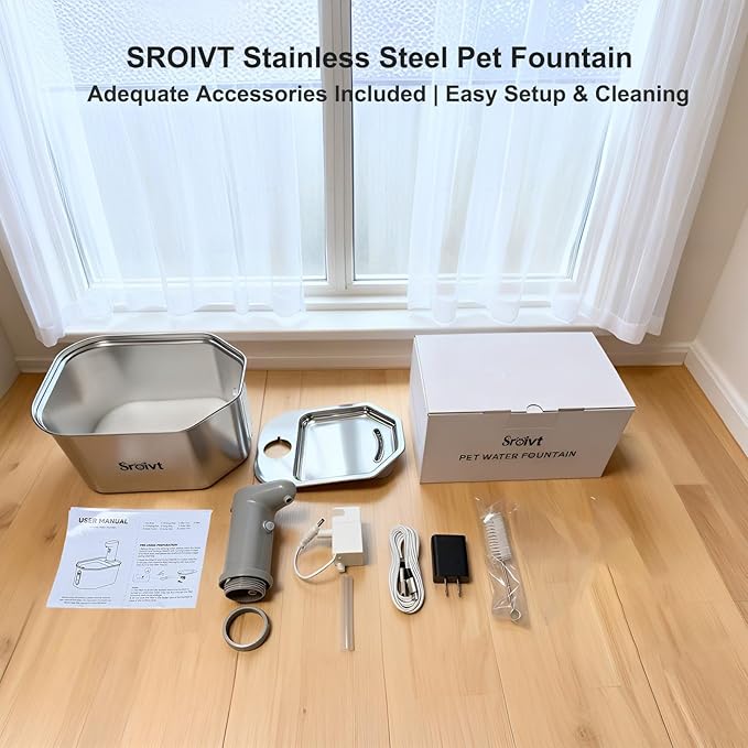 Cat Water Fountain Stainless Steel - cat Fountain - Water Fountains for Cats - pet Water Fountain - Dog Water Fountain - Stainless Steel cat Water Fountain Cordless - 88oz/2.6L,1Filters