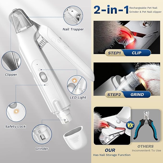 2-in-1 Dog & Cat Nail Clipper with Grinder - Dual Highlight LED Reduce Over-Trimming, Long Battery Cordless USB-C Rechargeable, Safety Lock & Catcher Cap, Quiet Home Grooming for Small Large Pets
