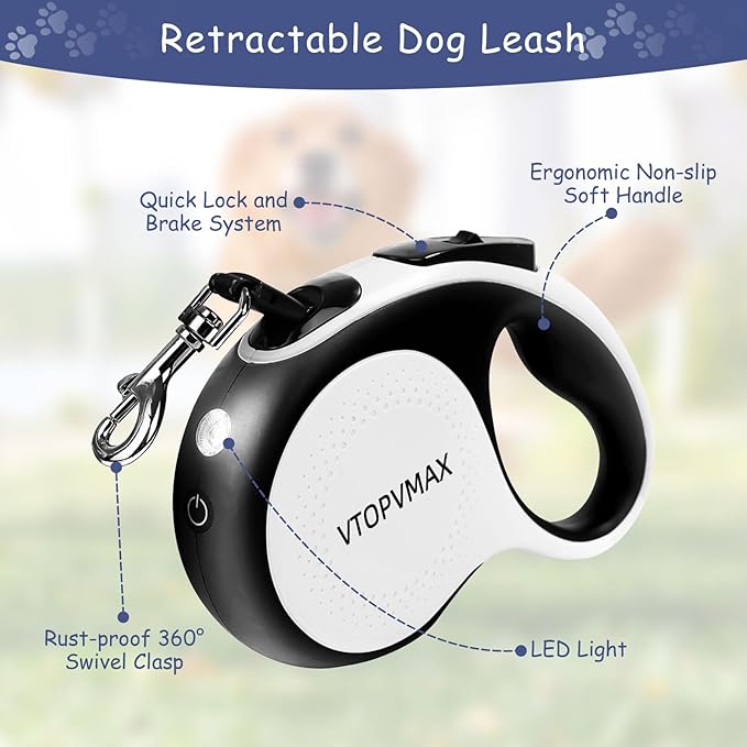 16Ft Retractable Dog Leash - for Small to Medium Dogs Up to 66lbs, Heavy Duty Retractable Leash with Light Rechargeable, Quick Lock Braking & Non-Slip Handle (White)