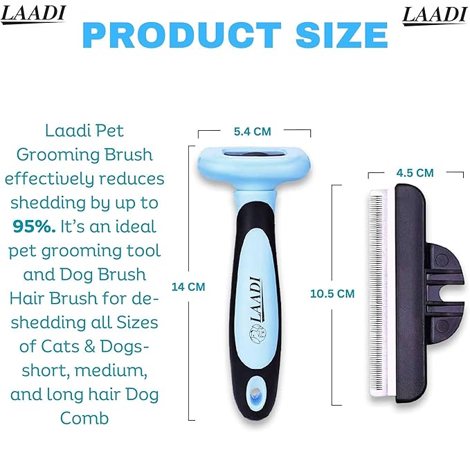 LAADI Deshedding Tool for Dogs and Cats - Reduces Shedding by Up to 95% in Less Than 10 Minutes - Professional Grooming Brush for All Hair Types - Ergonomic Design and Skin Massage Needles - Blue
