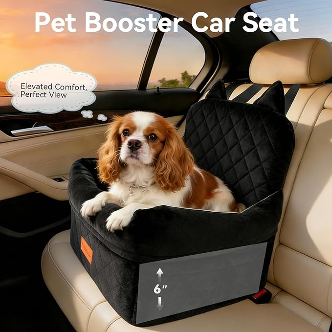 Dog Car Seat for Small/Medium Dogs Up to 35lbs,Elevated Cushion Fits in Front/Back Seat,Travel Safety Per Car Bed with Washable Removable Cover, Storage 2 Pockets Black