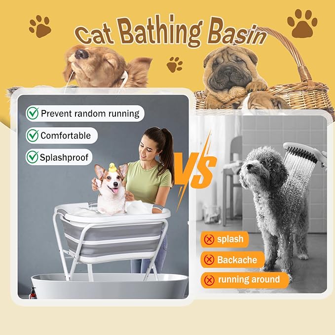 2 in 1 Elevated Dog Bath Tub & Foldable Washing Station with Stand, Portable Pet Bathtub for Small Medium Dogs & Cats, Raised Pet Shower Tub with Safety Collar & Drain Plug & Brushes