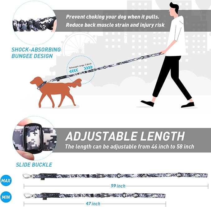 Hotsky Tactical Dog Leash Heavy Duty,4-6Ft Strong Bungee Shock Absorbing Lead with Padded Double Handle,Car Seatbelt,Metal Carabiner Clip,No Pull Leash for Small Dogs,ACU