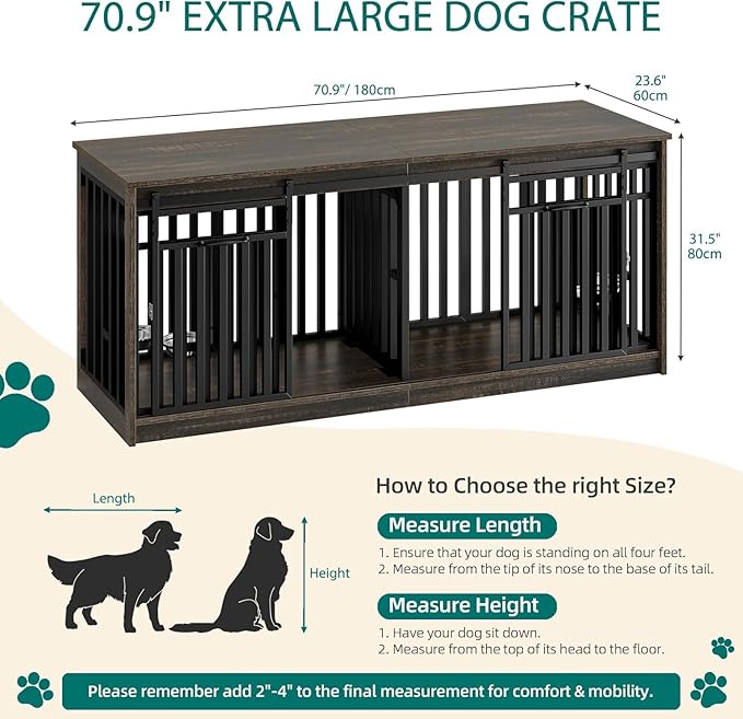 YITAHOME 71 Inch Double Dog Crate Furniture for 2 Dogs, Heavy Duty Wooden Crate TV Stand with 4 Bowls, Dog Kennel Indoor Furniture Sliding Barn Door Design for Extra Large Dogs, Black Oak