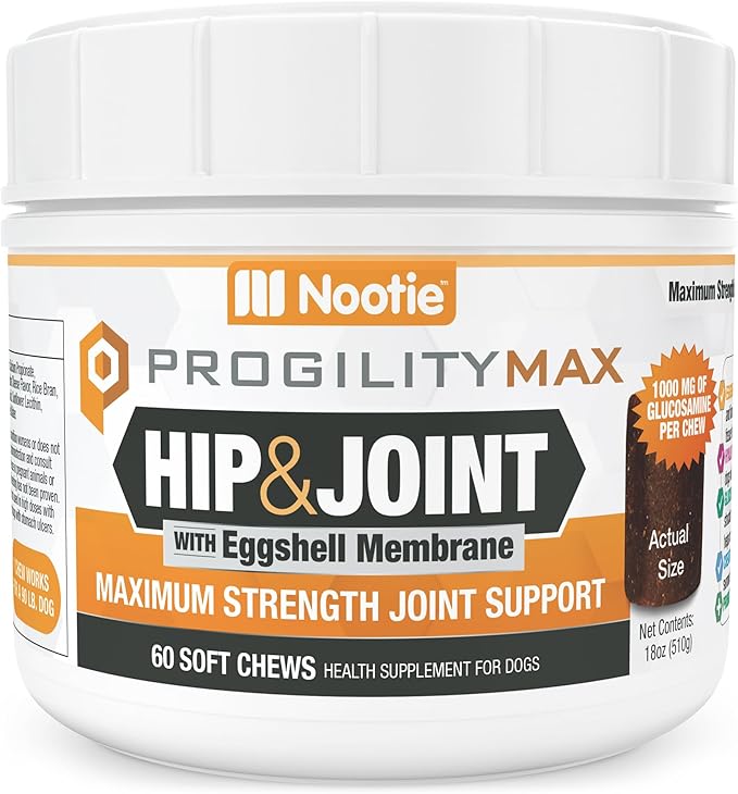 Progility Maximum Strength Hip & Joint Supplement for Large Dogs – Daily Mobility & Joint Support with Eggshell Membrane, Glucosamine, Chondroitin, & MSM, Soft Chews (60 Count)